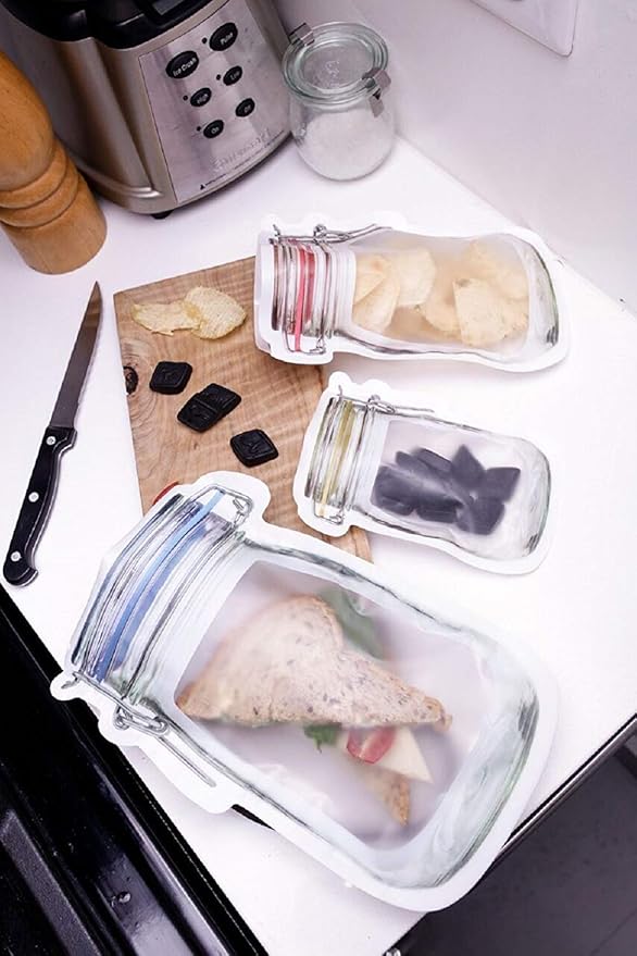 10Pcs Mason Jar Pattern Food Storage Bag Reusable Portable Stand Up Smell Proof Ziplock Bags Snack Saver Container Retail Package Bag Frosted Pouches Yellow 6×4.2in (15.7×10.5cm)