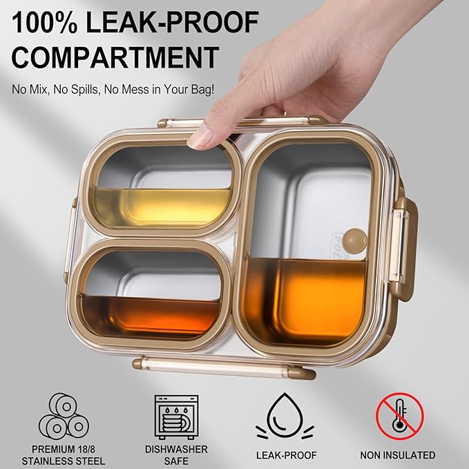 Stainless Steel Lunch Box for Kids & Adults - 25 oz - Leakproof 3 Compartment Metal Lunch Container - 18/8 Stainless Steel Bento Box - Ideal for School, Office & Outdoor - Dishwasher Safe (Khaki)