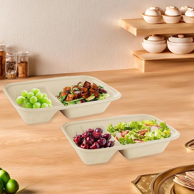 100PCS 2 Compartment Paper Bowls Disposable Meal Prep Containers Paper 2 Compartments Paper Chip and Dip Bowls for Nacho, Cheese, Chip and Salsa, Microwavable