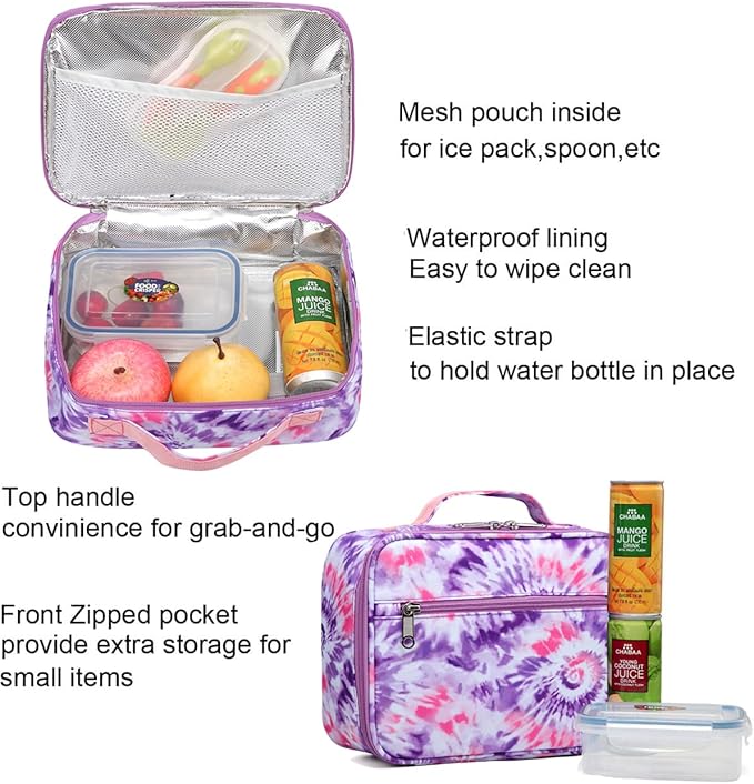 BLUEFAIRY Girls Backpack with Lunch Box Kids Bookbag Set Elemenatry School Bag 17" with insulated Lunch Bag Lunchbox Set Cute Back to School Gifts Mochilas Escolares para Niñas Tie Dye Purple