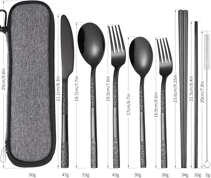 MURRI&MURRDI 8 Pieces Portable Reusable Cutlery Set,Travel Utensils Set with Case, Stainless Steel Flatware Set Including Knife Fork Spoon Chopsticks Straws Brush,Dishwasher Safe (C Black)
