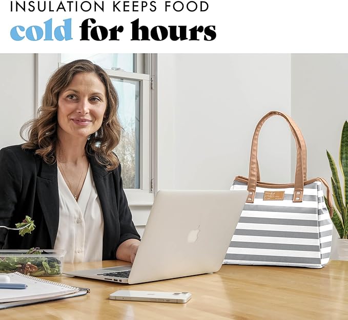 Fit & Fresh Lunch Bag For Women, Insulated Womens Lunch Bag For Work, Leakproof & Stain-Resistant Large Lunch Box For Women With Containers and Matching Tumbler, Zipper, Westerly Lunch Bag, Grey Strip