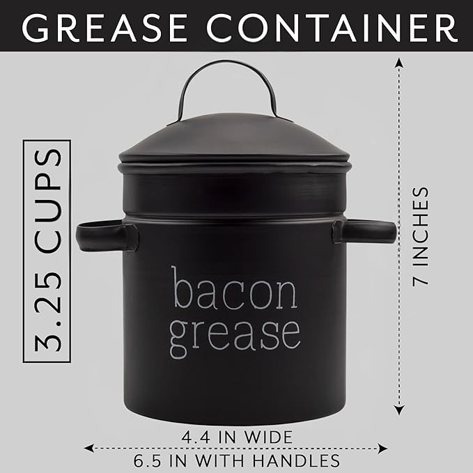AuldHome Design Farmhouse Bacon Grease Container (Black), Enamelware Bacon Grease Can w/ Strainer, Vintage Style, Keto-Friendly