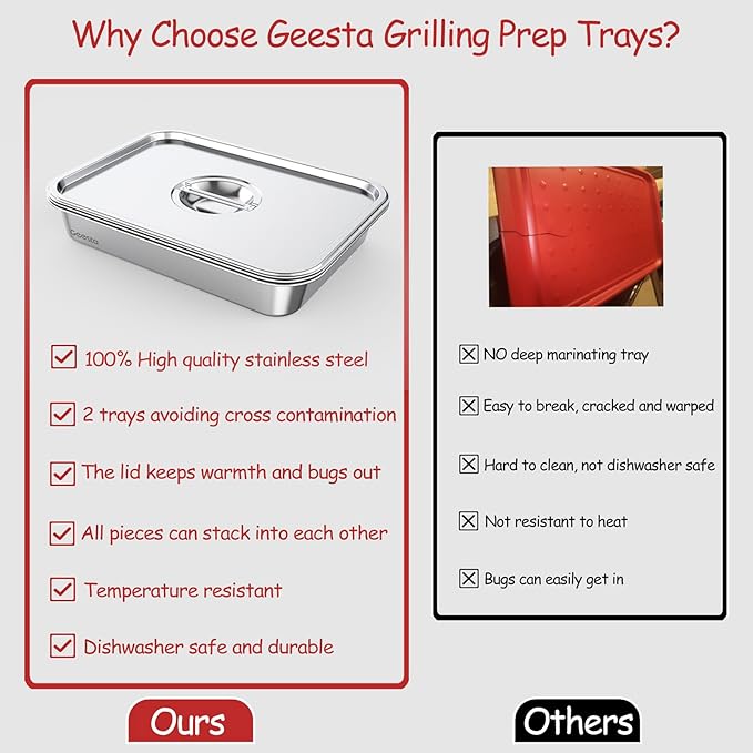 Geesta Grilling Prep and Serve Tays, Stainless Steel Large Capacity Food Prep Tray, Grill Carry System, Marinade Container with Lid and Cutting Board,BBQ Grill Accessories, Grilling Gifts for Men