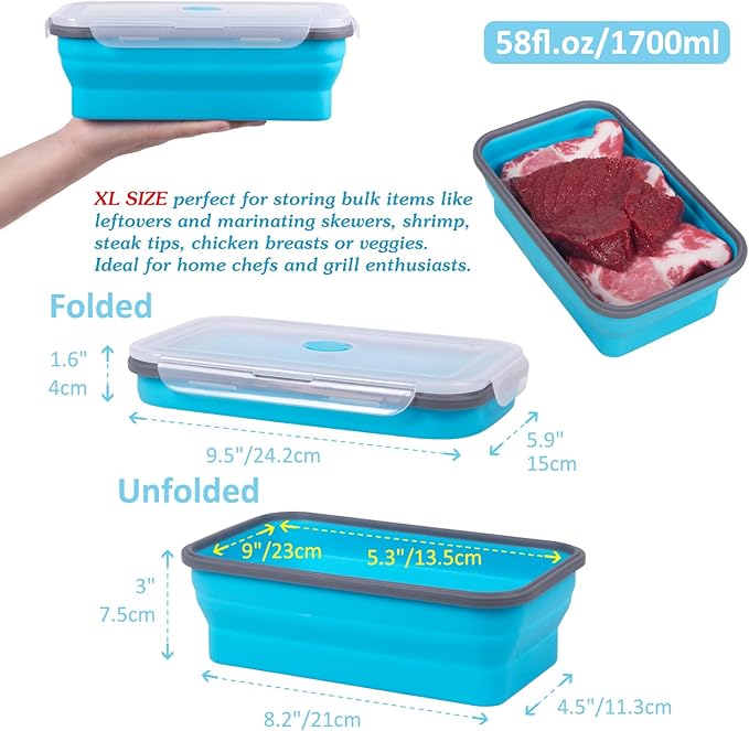 Extra Large Collapsible Food Storage Containers with Lid & Air Vent, 58 oz, 4 Pack, XL Collapsible Marinade Container with Lid Foldable Silicone Containers, Microwave Freezer Dishwasher Safe, Blue