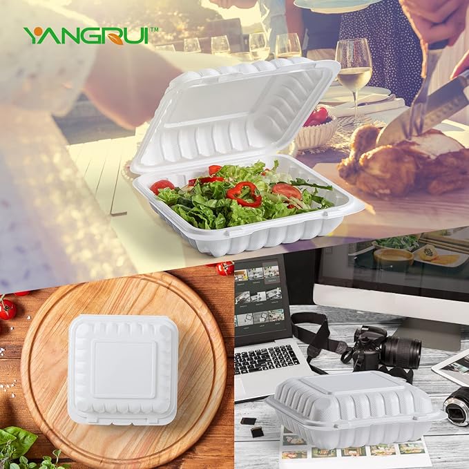 YANGRUI To Go Containers, Reusable Shrink Wrap 55 Pack 8 Inch MFPP Meal Prep Container BPA Free Microwave Freezer Safe Plastic Hinged Clamshell Take Out Boxes
