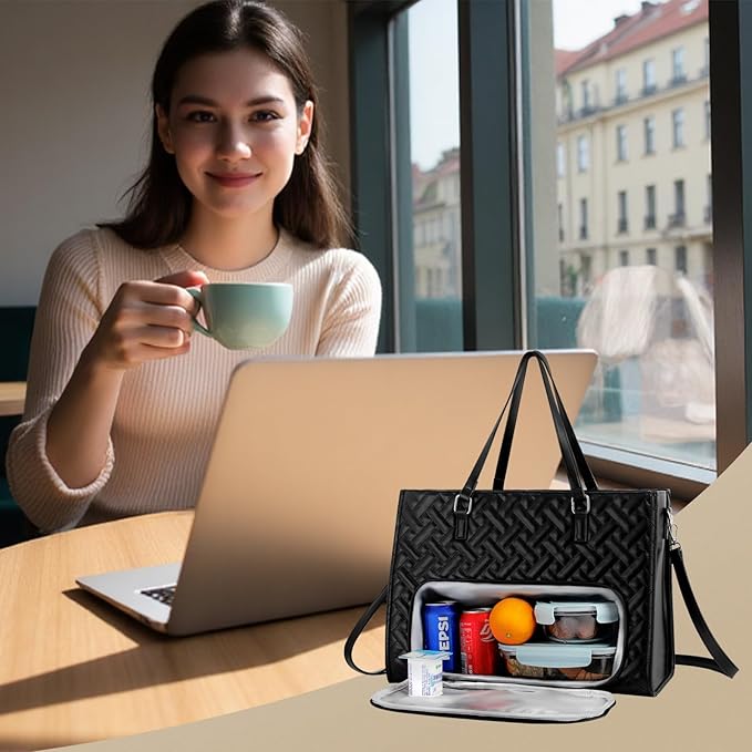 Lunch Tote Bag for Women, 15.6 inch Work Laptop Bag with Insulated Lunch Compartment - PU Leather Quilted Large Computer Handbag with Purse for Office Travel Casual - Black