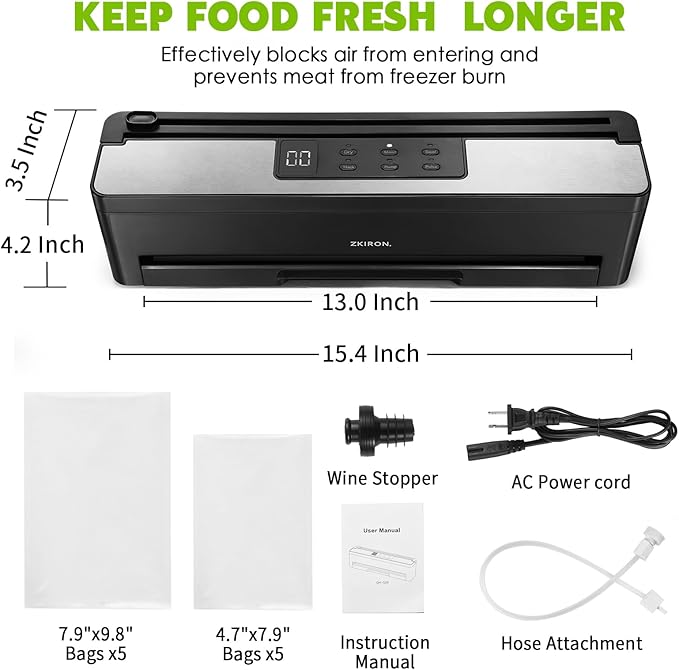 Multi Vacuum Sealer Set - 6 Sealing Modes for Meal Prep, Sous Vide, Dry & Moist Foods, Perfect for Long-Term Food Storage and Freshness Preservation (with Wine Saver & 10 Pre-Cut Bags)