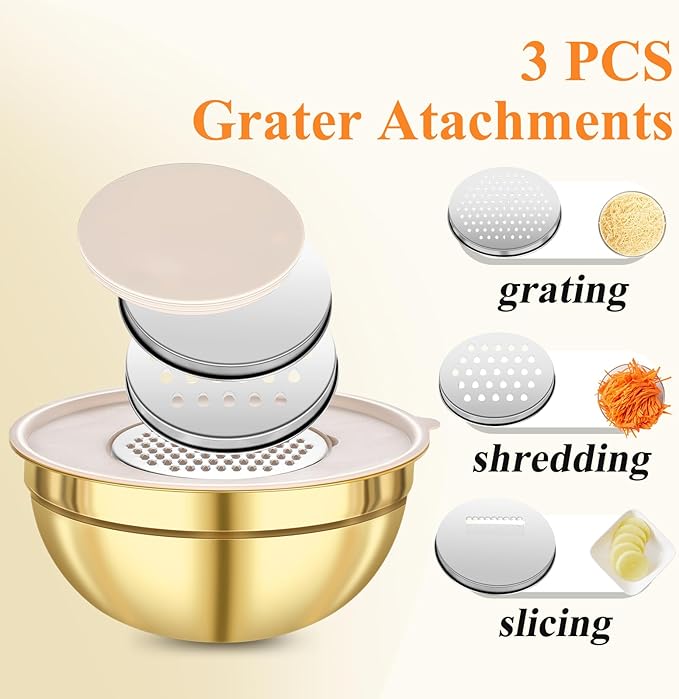 KesaPlan Mixing Bowls with Airtight Lids Set 7 PCS Stainless Steel Bowls with 3 Grater Attachments Nesting Metal Mixing Bowls,Size 4.5,4,3.5,2.1,1.5,1.1,0.7QT,Great for Mixing & Serving