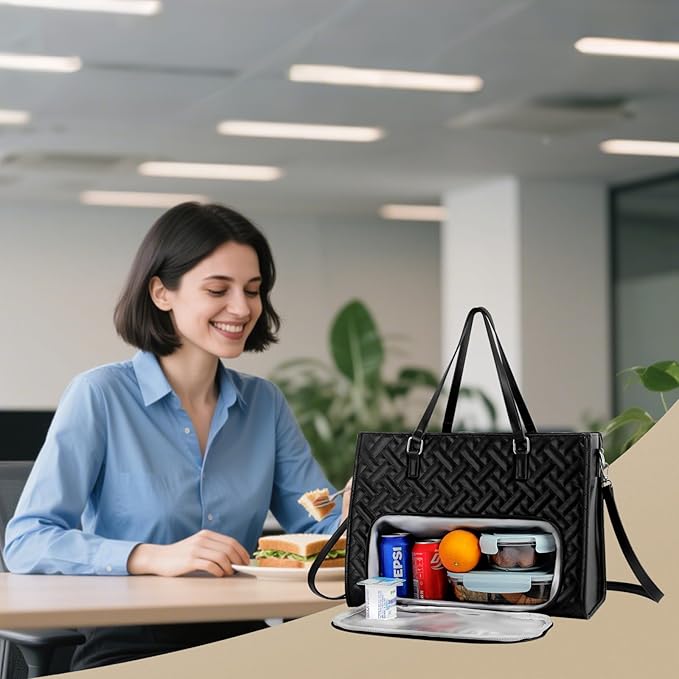 Lunch Tote Bag for Women, 15.6 inch Work Laptop Bag with Insulated Lunch Compartment - PU Leather Quilted Large Computer Handbag with Purse for Office Travel Casual - Black