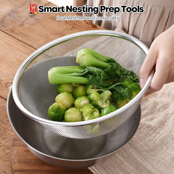 Stainless Steel Mixing Bowl and 3-Legged Colander Set, Multipurpose Kitchen Basket with Fine Mesh Colander, Salad Mixing Bowl with Strainer, Rinsing Vegetables & Fruits (24cm / 9.45")