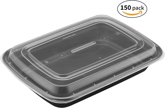 TIYA Takeout Food Containers - 38 oz Bulk 150 Pack with Lids - Rectangular Plastic To-Go Containers - Reusable, Microwavable, Dishwasher Safe - Leak-Proof for Meal Prep & Restaurants - BPA-Free