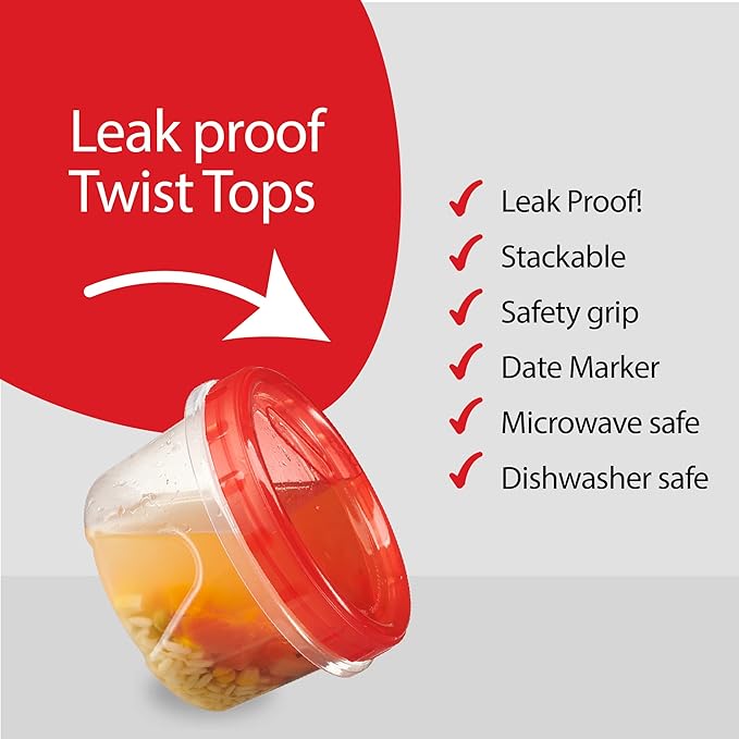PLASTICPRO 12 Pack Twist Cap Food Storage Containers with Red Screw on Lid- 16 oz Reusable Meal Prep Containers - Freezer and Microwave Safe Red Plastic Food Storage