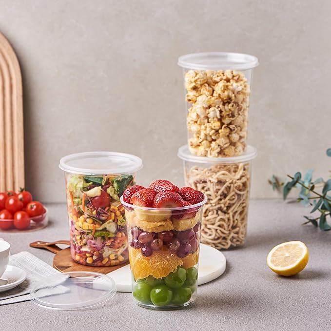 [150 Sets - 32 oz. Plastic Deli Food Storage Soup Togo Containers With Airtight Lids Clear Disposable Takeout Quart Container