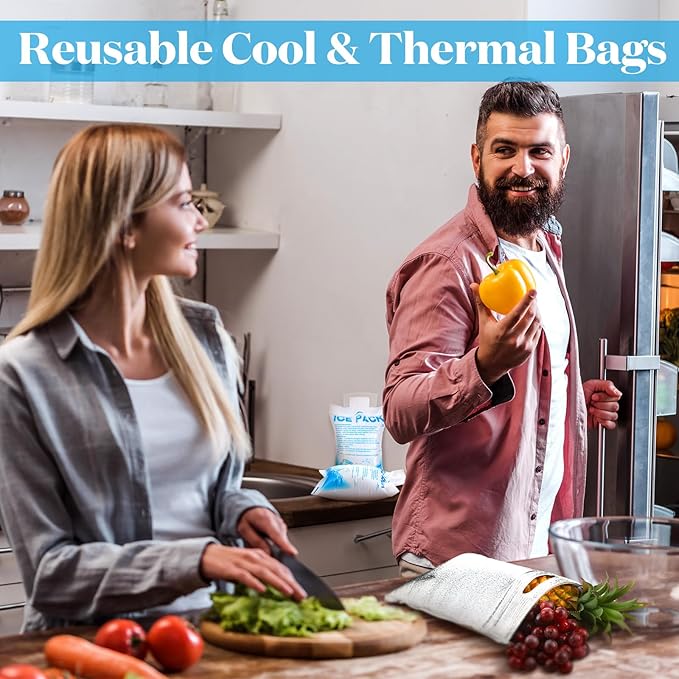20 Pcs Thermal Bags Bulk with Zipper Handle and 20 Pcs Ice Packs 13.78 x 9.84'' Waterproof Cool Summer Reusable Insulation Bags Thermal Box Liners for Sandwich Drink Picnic Camping