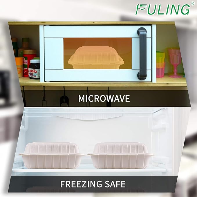 FULING [8x8-Inch, 50 Pieces Disposable To Go Box Containers, Plastic Clamshell Takeout Food Trays, Microwave Safe, Cut Resistantstable Hinged Lid, Hybrid Polypropylene, White