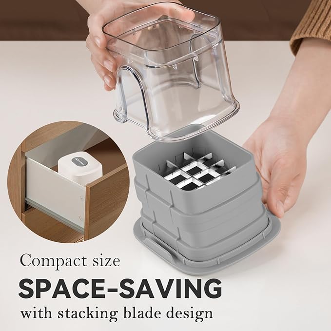 KEOUKE Vegetable Chopper 3 Interchangeable Blades Onion Chopper Multi-functional Potato French Fry Cutter Manual Vegetable Cutter Dicer for Cucumber, Tomato, Carrot with Container & Storage Box, White