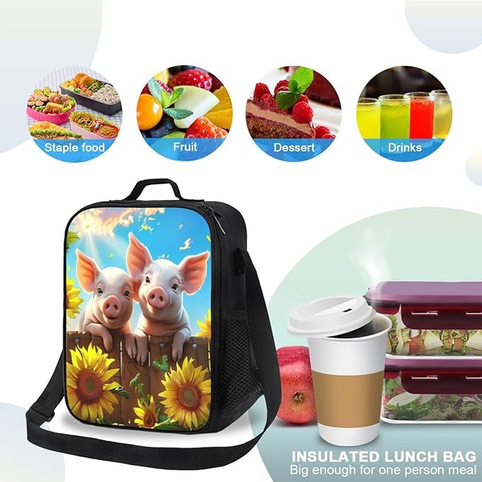 Pig Lunch Box Insulated Lunch Bag for Women Men Reusable Large Capacity Lunchbox with Shoulder Strap Small Leakproof Cooler Food Bento Tote Bag for Work Travel Picnic