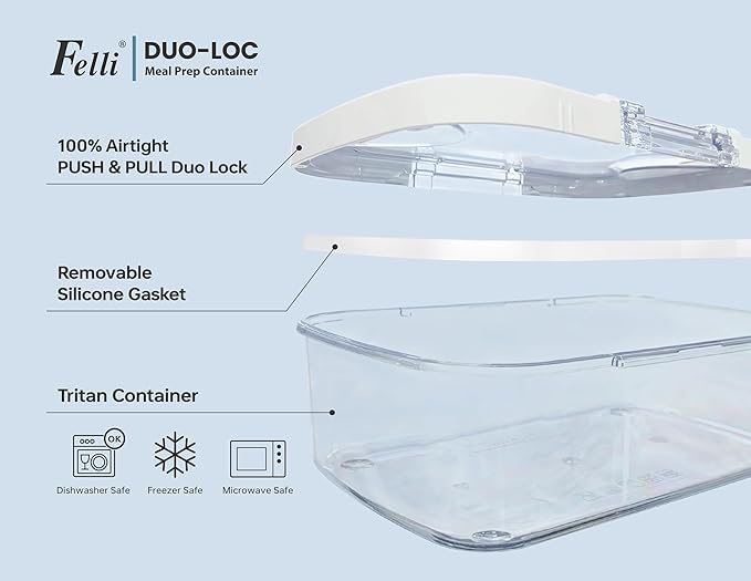 Felli Duo Loc Food Storage Container with Lids Airtight for Fridge Microwave Freezer, Stain Odor Free, Reusable On the Go Box Small + Large for Kitchen & Travel, Weekly Meal Plan (Meal Prep 6pk)