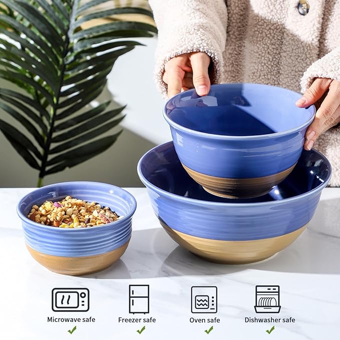 Hasense Mixing Bowls, Stoneware Large Serving Dishes for Entertaing Set of 3, 84/40/20 OZ Bowls for Kitchen, Nesting Salad Bowls for Prepping Soup Popcorn Cooking, Dishwasher Microwave Safe, Purple