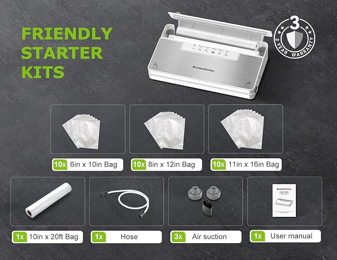 Bonsenkitchen Vacuum Sealer Machine, Stainless Steel Food Sealer Vacuum Sealers with 30 Bags & 1 Roll, 5 Food Vacuum Modes, Built-in Cutter & Bag Storage, Climate Pledge Friendly (White Silver)