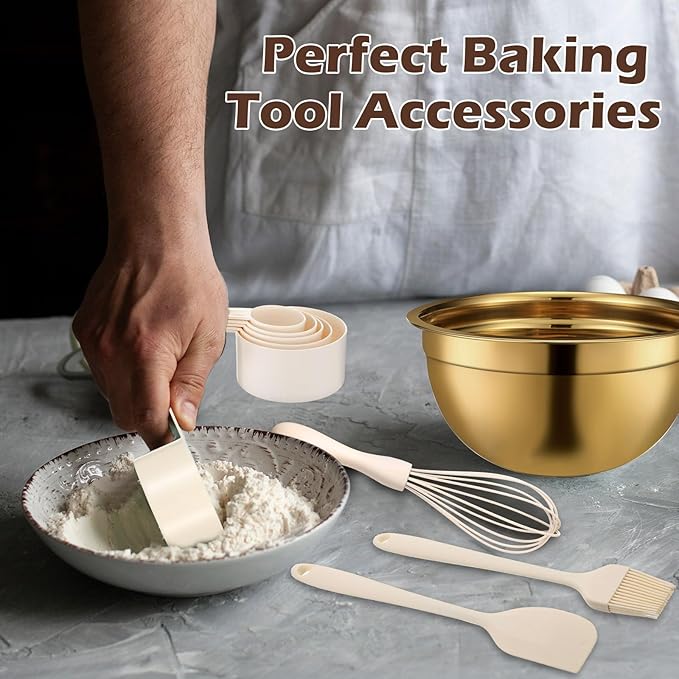 Shellwei Gold Mixing Bowls with Airtight Lids 24 Pcs Stainless Steel Mixing Bowls Set Size 1, 1.5, 2, 3.6, 7QT, Measuring Cups Spoons Baking Utensils Bowl for Kitchen Baking Serving Food