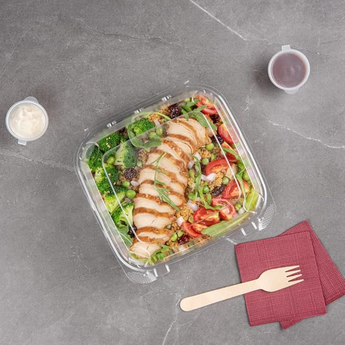 Restaurantware Thermo Tek 33.8 Ounce Clamshell Containers 100 Anti-Fog To Go Food Containers - Freezable Square Clear Plastic Food Packaging Containers Disposable