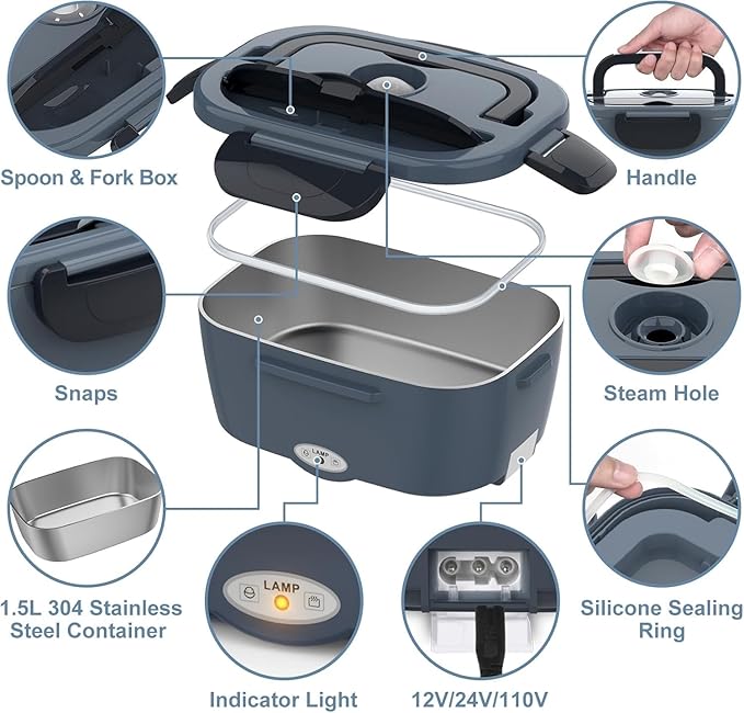 Electric Heated Lunch Box for Car, Truck, Home – 1.5L 60-80W Portable Food Warmer with 12V/24V/110V Plug Stainless Steel Leakproof Container – Hot Meal Solution for Work, Travel, Jobsite, Camping