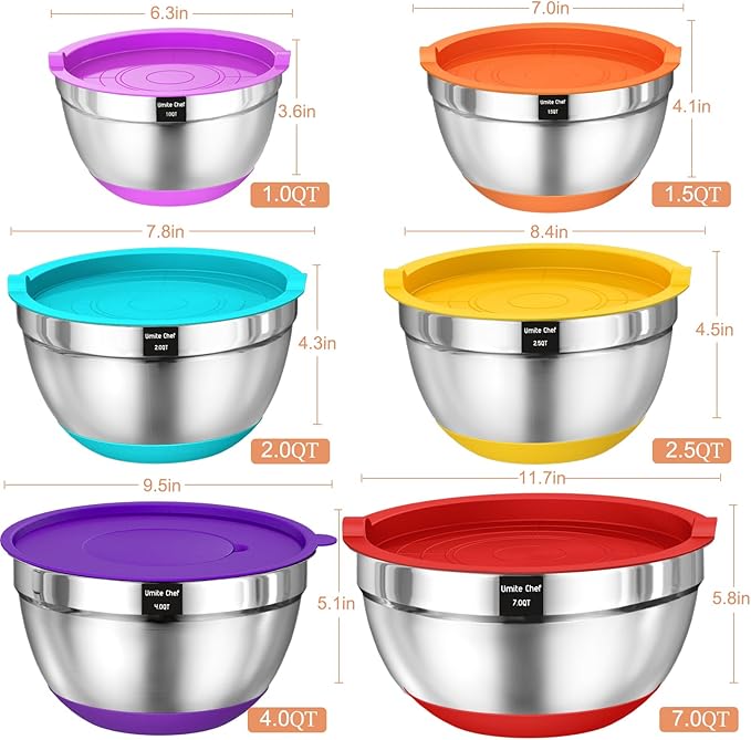 Umite Chef Mixing Bowls with Airtight Lids, 26Pcs Stainless Steel Bowls Set, 3 Grater Attachments & Colorful Non-Slip Bottoms Size 7, 4, 2.5, 2.0,1.5, 1QT, Great for Mixing & Serving