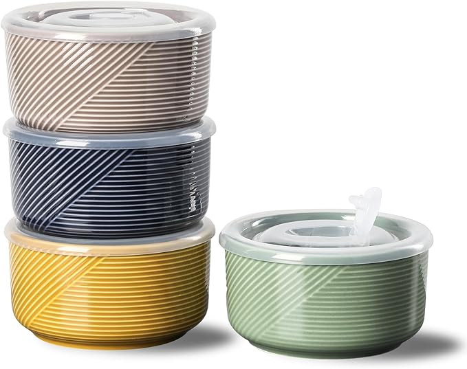 Ceramic Bowls with Lids: 20 oz Microwave Safe Food Storage Containers for Soup, Salad, Cereal, Leftovers, Meal Prep, Lunch, Picnic, Camping, Serving - Airtight, Multicolor, Set of 4