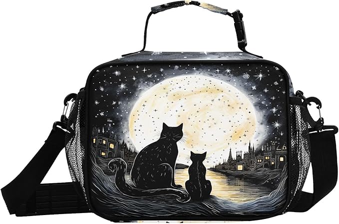 MNSRUU Student Lunch Bag Black Cat Insulated DinnerTotes Picnic Bag Lunch Box with Adjustable Shoulder Strap for Teen Kids Adults