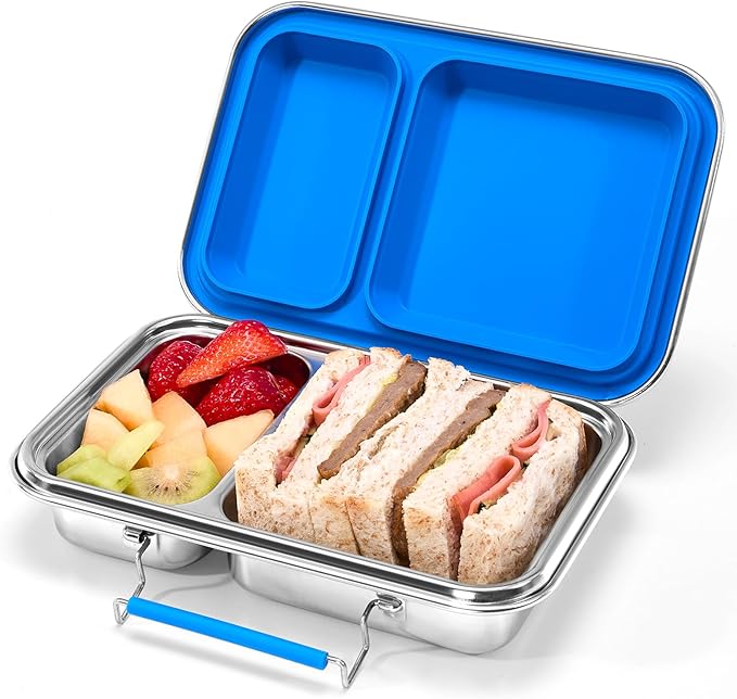Stainless Steel Bento Box Adult 3 Compartments Lunch Box with Lid Stainless Steel Kids Leak Resistant Bento Lunch Box with Bonus Silicone Container Dishwasher-Safe for School Picnics Travel