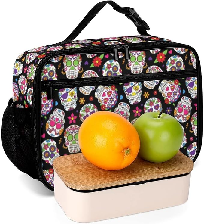 Day of the Dead Sugar Skull Reusable Lunch Box Insulated Lunch Bag Cooler Bag Lunchbox Meal Food Container Tote Bag for Women Kids Girls School Camping Hiking Picnic Beach Travel