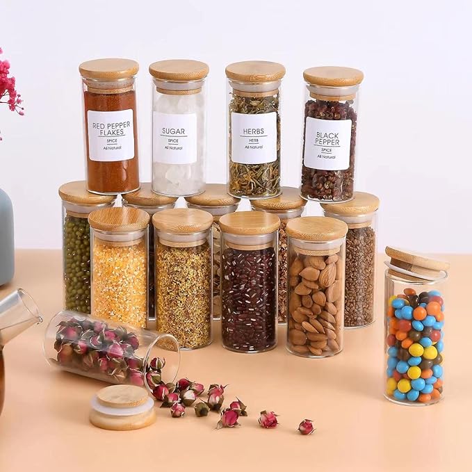 Spice Jars with Label, 20pcs 4 oz Glass Jars with Bamboo Airtight Lids, 200 Printed Spice Labels Waterproof Stickers for Seasoning Containers