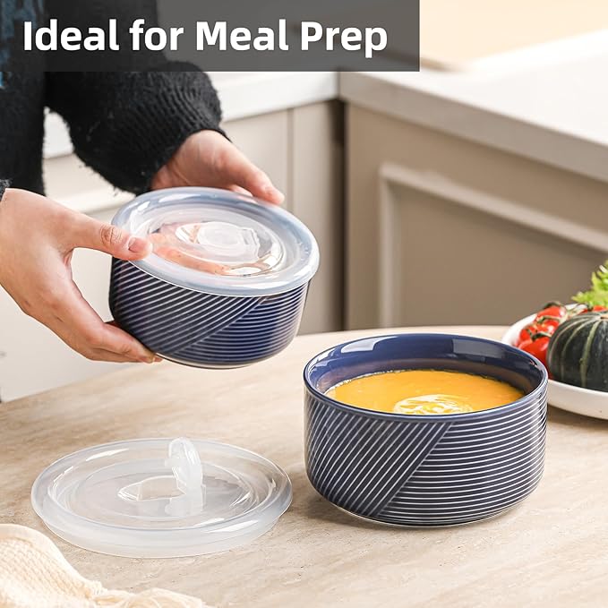 Ceramic Nesting Bowls with Lid: Microwave Safe Food Storage Containers for Work Lunch Picnic Camping Meal Prep Soup Salad Cereal Leftovers - 5 & 6 Inch, 20 & 32 oz, Set of 2, Navy