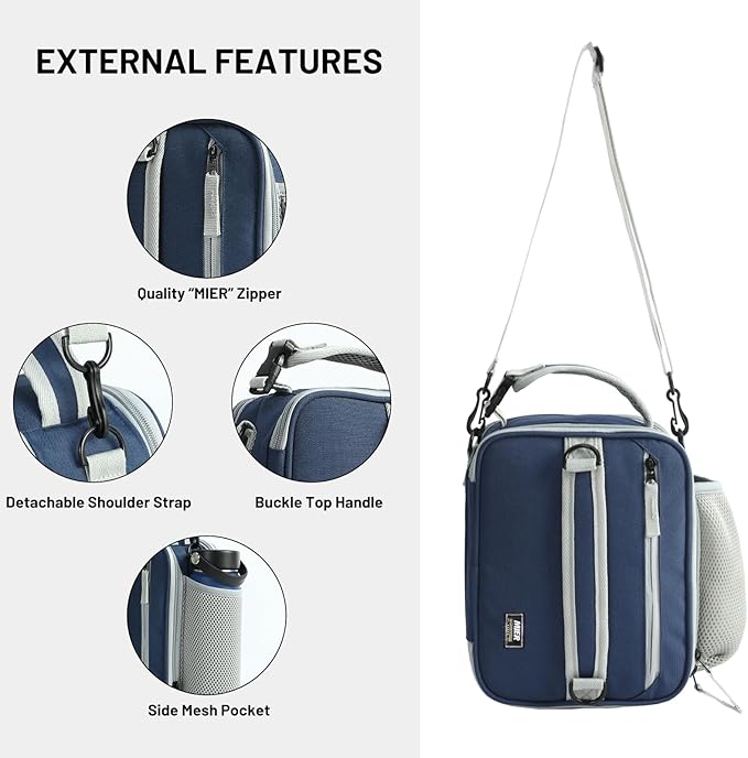 MIER Expandable Lunch Bag Insulated Lunch Box for Men Boys Teens to Work School Travel, Multiple Pockets Portable Lunchbox Bags with Shoulder Strap (Navy Blue