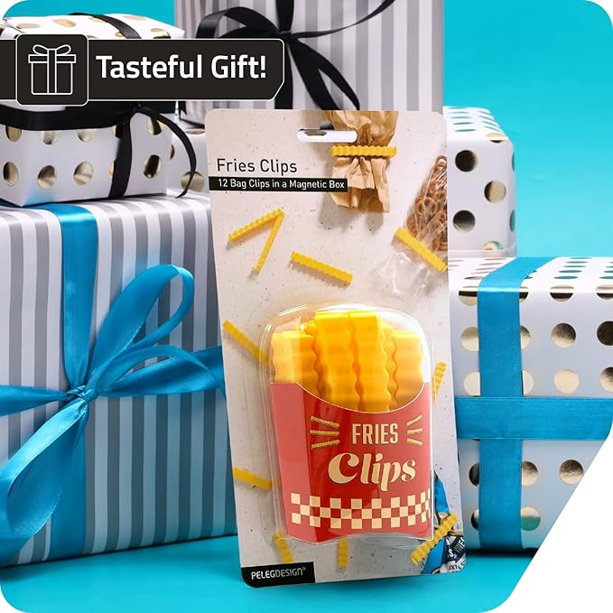 Fries Clips: 12 Cute French-Fries-Shaped Bag Clips to Seal Opened Food Packages | Fun Bag Clips for Food in a Magnetic Box to Always Be at Hand | Cute Kitchen Accessories by Peleg Design