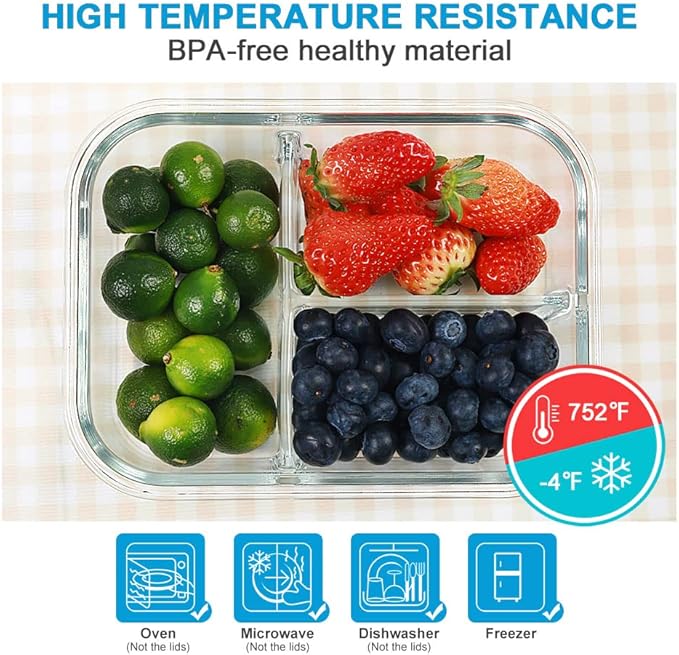 DAS TRUST [5-Pack,36 oz Glass Meal Prep Containers 3 Compartment with Lids, Glass Lunch Containers,Food Prep Lunch Box,Bento Box, Microwave, Oven, Freezer, Dishwasher (4.5 Cups, Clear)