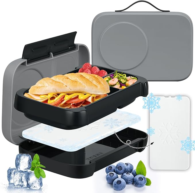 Bento Box for Kids,Kids Bento Lunch Box with Built-in Ice Pack for School,3 Compartments Leak Proof Lunch Container with Utensils for Girl Boy;BPA Free,Microwave & Dishwasher Safe, 44oz(Gray)