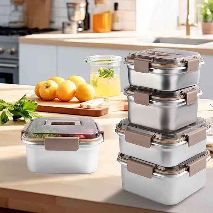 Food Storage Containers Outdoor 304 Stainless Steel Crisper Box Refrigerator Freezer Storage Box Fruit Seal Box Microwave Oven Heat-resistant (2200+3800ML)