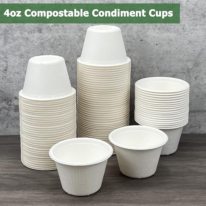 CAMKYDE 4 oz Disposable Bagasse Fiber Souffle Cups 200pk, 100% Natural Biodegradable Compostable Condiment Cups Sample Cup Tasting Cup (White, Pack of 200)