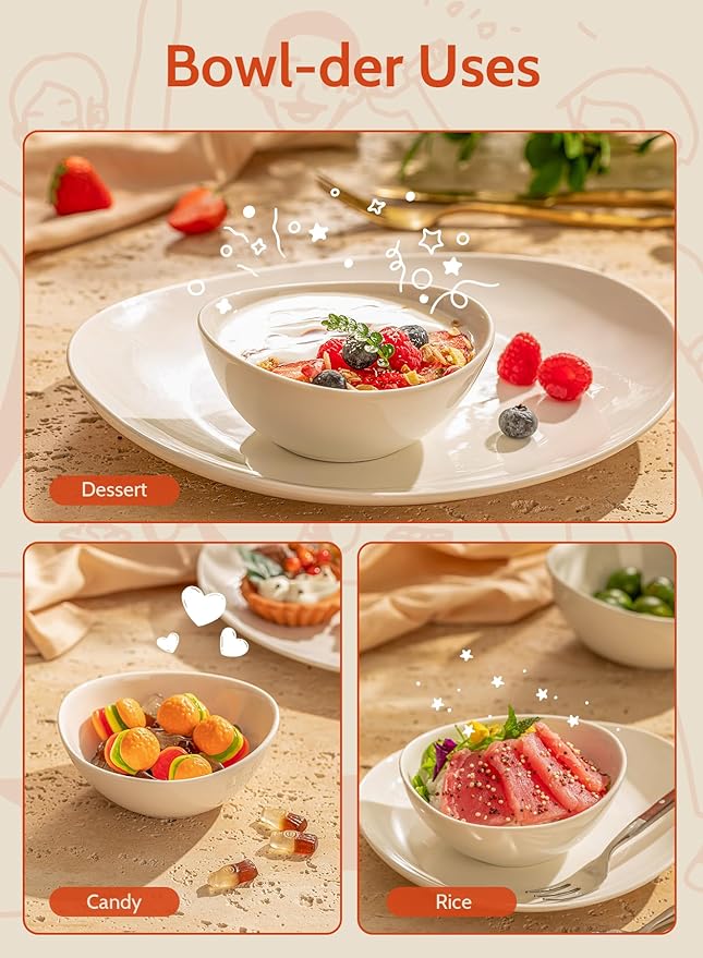 Sweese 5 Inch Porcelain Small 10 oz Bowls Set of 6, for Dessert | Ice cream | Soup | Rice | Fruits | Small Portions - Microwave, Dishwasher, and Oven Safe - White