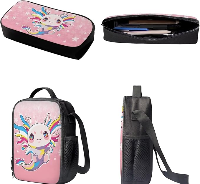 Dolyues Colorful Axolotl 17-Inch Waterproof College Backpack Set - Includes Lunch Box & Black Pencil Case - 3-Piece Bookbag for Students