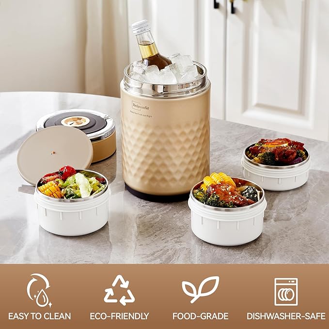 67 ozAdults Stainless Steel Vacuum Insulated Wide Mouth Soup Food Thermos Hot Food Jar with Keep Thermal Portable 3 Tier Stackable Bento Hot Food Containers Lunch Boxes (Gold)