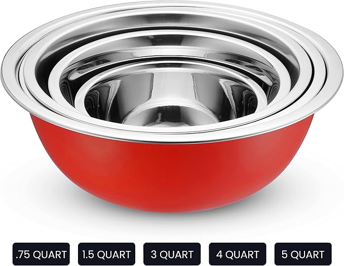 WHYSKO Stainless Steel Mixing Bowl Set, 10 Piece Stainless Steel Mixing Bowls with Lids Set for Food Prep Storage and Serving, Dishwasher Safe Microwave Safe for Kitchen Baking Cooking, Red