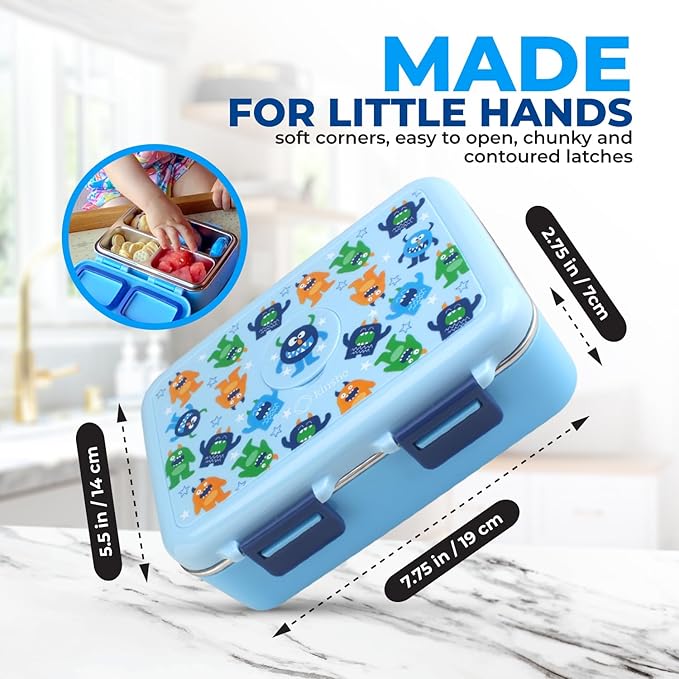 Stainless Steel Lunch Box for Baby Toddlers Boys, Mini Bento, 3 Eco Metal Portion Sections Leakproof Lid, Pre-School Daycare Lunches, Kids Spill-Proof Snack Container, 18 oz/ 550 mL Blue Cute Monster