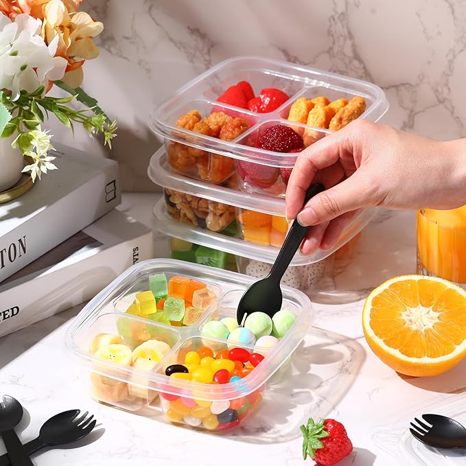 Dandat 50 Pcs Clear Plastic 4 Compartment Snack Containers Compartment Lunch Box with Lids Reusable Divided Snack Containers Clear Lunch Box with 50 Pcs Spork for School (Black)