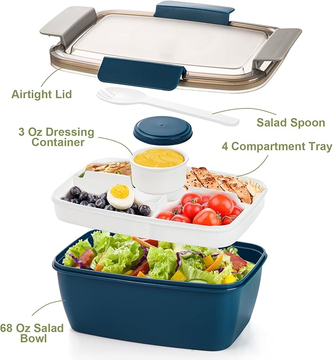 Youeon 3 Pcs 68 Oz Salad Lunch Container with 4 Compartment Tray, Bento Lunch Box with Spoon & Dressing Cup, Leakproof Salad Container for Lunch, Toppings, Snacks, Fruits, BPA-Free