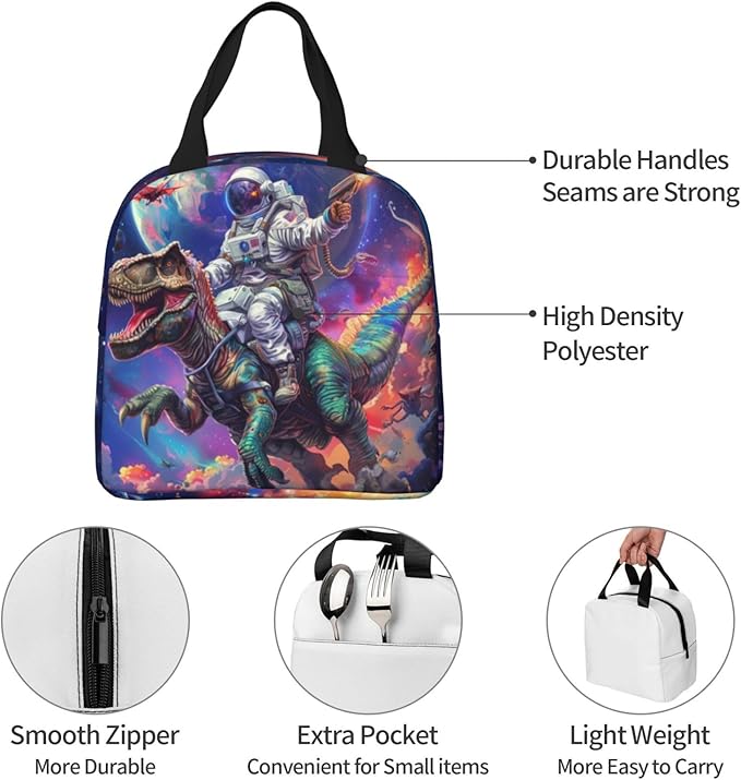 Yudchen Astronaut Riding Dinosaur Lunch Box 3D Cool Dinosaur Insulated Lunch Bag for Kids Women Men Reusable Cooler Space Lunch Tote Bag for Girls Boys Students School Picnic Travel Office