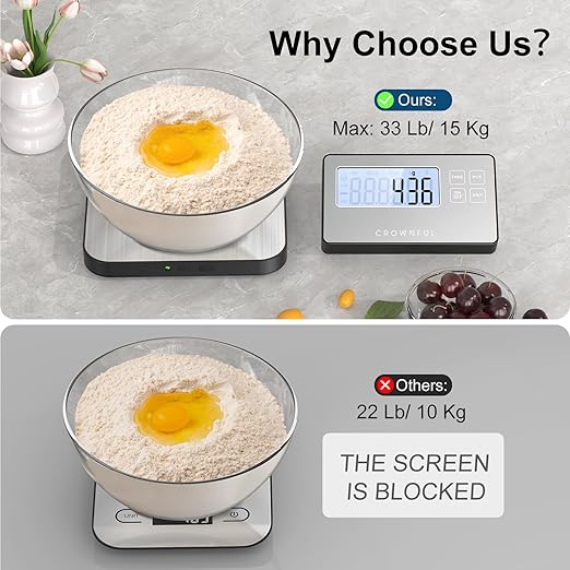 CROWNFUL Split Food Scale, 33lb Wireless Kitchen Scale with Remote LCD Display, 7 Units & Tare Function, 1g/0.1oz, Digital Food Scales for Kitchen, Stainless Steel Food Weight Pan for Cooking/Dieting